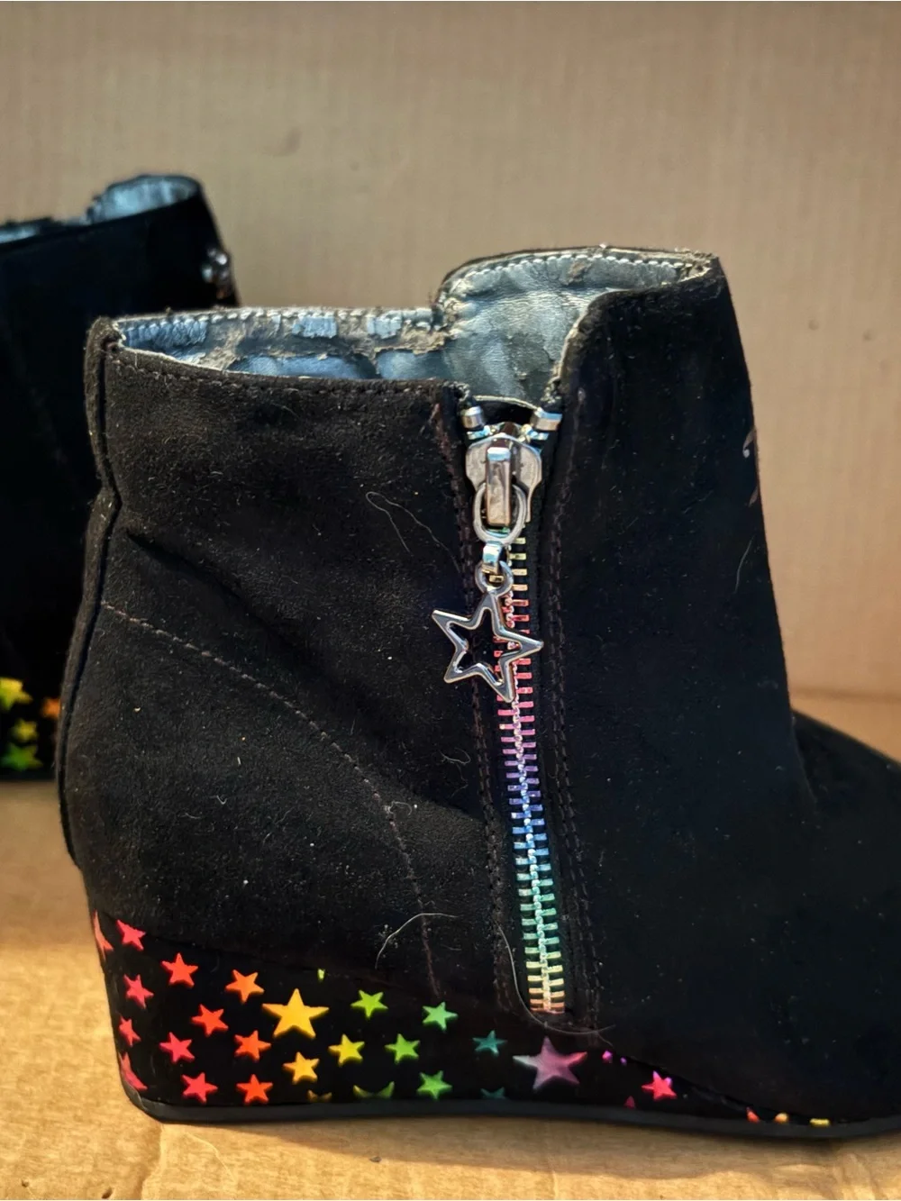 Juicy Couture Black Suede Wedge Boots with Rainbow Star Details